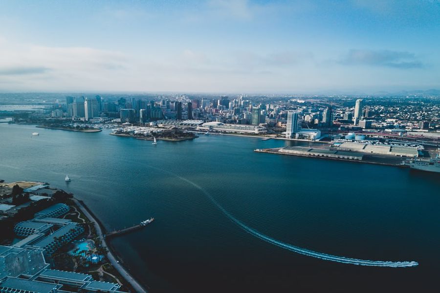 Aerial view of the San Diego sea and the buildings beside it