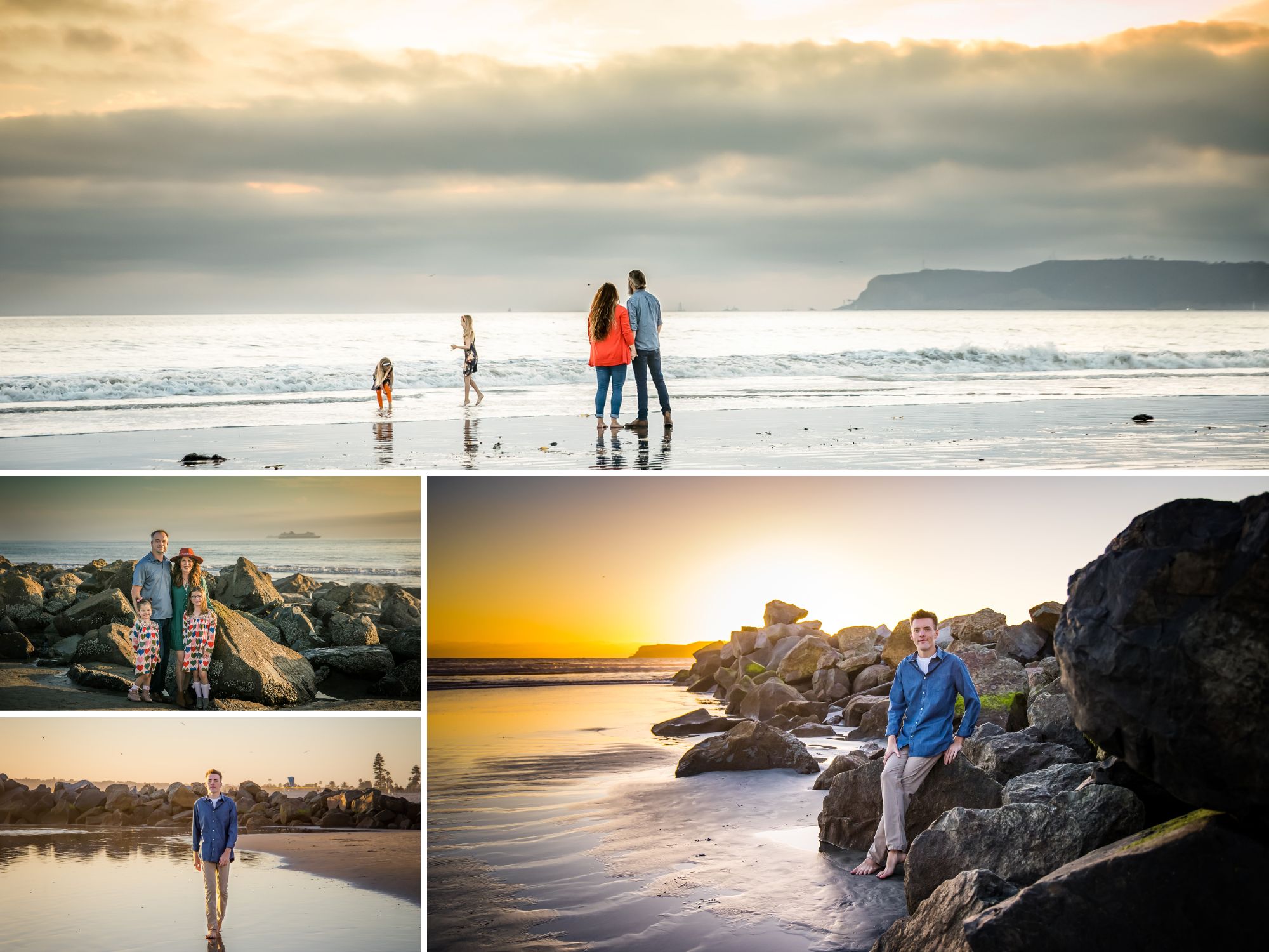 A family photo session at a beach in San Diego