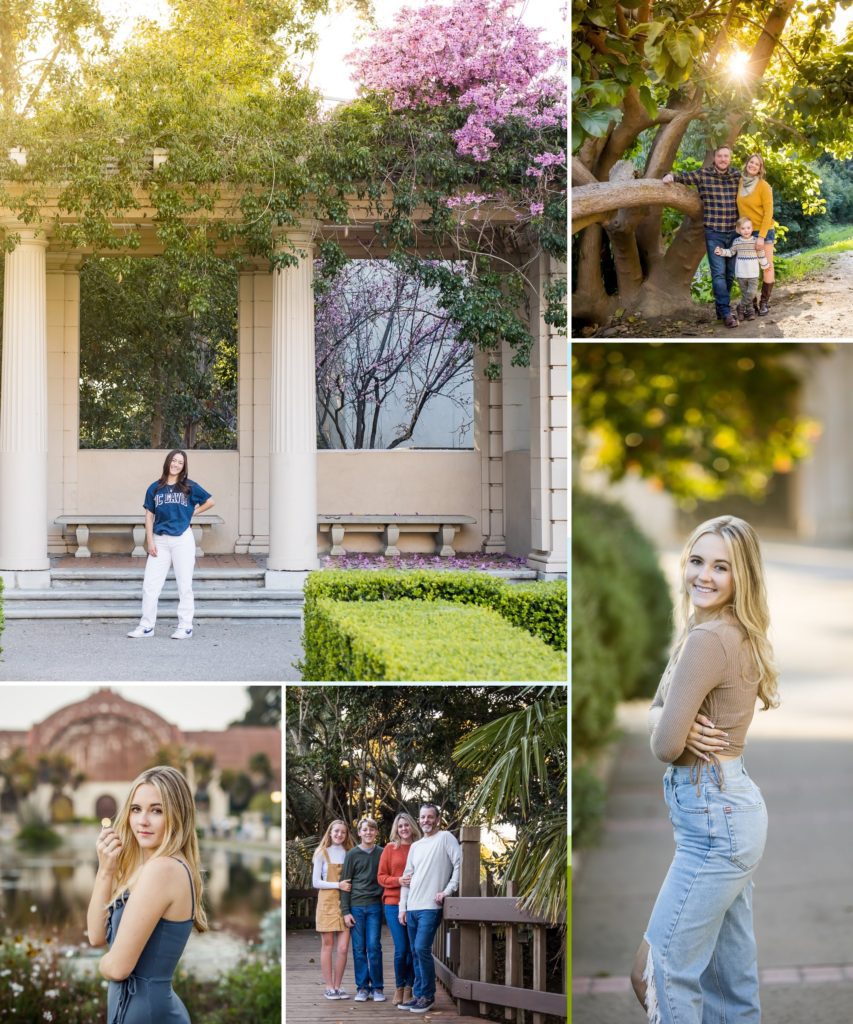 Collage of photos taken at San Diego's Balboa Park with school grads and families.