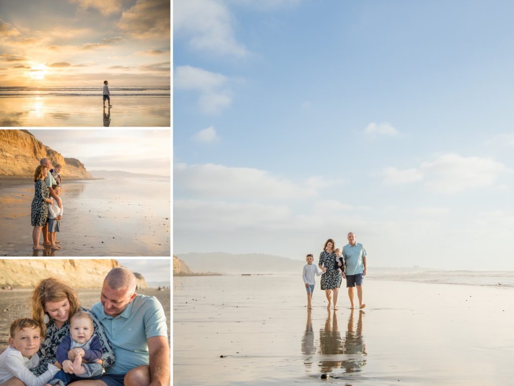 A photo collage of a family walking on the beach at Torrey Pines State Reserve